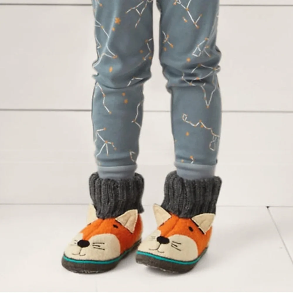 Garnet Hill Fox Face Wool Slipper Boots in Orange and Gray